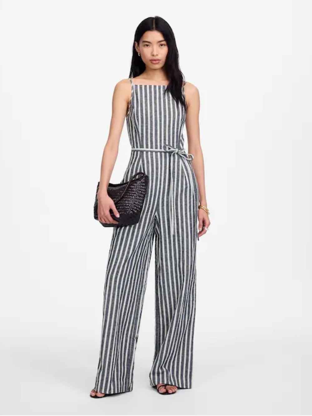 Madewell Pleated Wide-Leg Striped Linen Jumpsuit Coastal Chic size 2